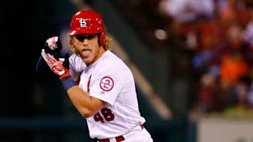 ST. LOUIS, MO - SEPTEMBER 21: Harrison Bader #48 of the St. Louis Cardinals celebrates after hitting a double against the San Francisco Giants in the fifth inning at Busch Stadium on September 21, 2018 in St. Louis, Missouri. (Photo by Dilip Vishwanat/Getty Images)