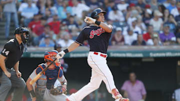 CLEVELAND, OH - SEPTEMBER 15: Michael Brantley #23 of the Cleveland Indians bats against the Detroit Tigers during the fourth inning at Progressive Field on September 15, 2018 in Cleveland, Ohio. The Indians defeated the Tigers 15-0. (Photo by David Maxwell/Getty Images)