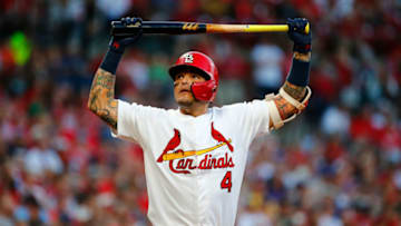 ST LOUIS, MO - MAY 24: Yadier Molina #4 of the St. Louis Cardinals reacts after striking out against the Atlanta Braves in the first inning at Busch Stadium on May 24, 2019 in St Louis, Missouri. (Photo by Dilip Vishwanat/Getty Images)