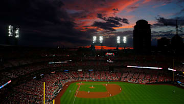 ST LOUIS, MO - JUNE 04: The sunsets over Busch Stadium during a game between the St. Louis Cardinals and the Cincinnati Reds on June 4, 2019 in St Louis, Missouri. (Photo by Dilip Vishwanat/Getty Images) ***Local Caption ***