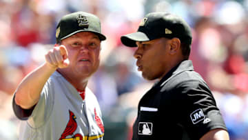 ARLINGTON, TEXAS - MAY 19: Manager Mike Shildt #8 of the St. Louis Cardinals argues a call with umpire Jeremie Rehak in the fourth inning against the Texas Rangers at Globe Life Park in Arlington on May 19, 2019 in Arlington, Texas. (Photo by Ronald Martinez/Getty Images)