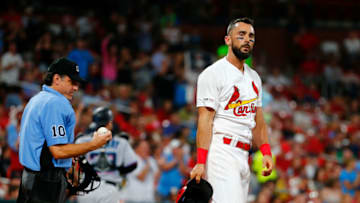 ST LOUIS, MO - JUNE 19: Matt Carpenter #13 of the St. Louis Cardinals reacts after striking out against the Miami Marlins in the fifth inning at Busch Stadium on June 19, 2019 in St Louis, Missouri. (Photo by Dilip Vishwanat/Getty Images)