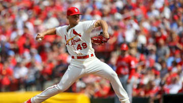 ST. LOUIS, MO - JUNE 22: Jordan Hicks #49 of the St. Louis Cardinals pitches during the eighth inning against the Los Angeles Angels of Anaheim at Busch Stadium on June 22, 2019 in St. Louis, Missouri. (Photo by Scott Kane/Getty Images)