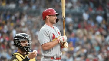 SAN DIEGO, CA - JUNE 28: Paul Goldschmidt #46 of the St. Louis Cardinals grimaces after taking a strike during the first inning of a baseball game against the San Diego Padres at Petco Park June 28, 2019 in San Diego, California. (Photo by Denis Poroy/Getty Images)
