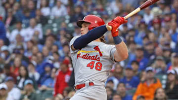 CHICAGO, ILLINOIS - JUNE 09: Harrison Bader #48 of the St. Louis Cardinals bats against the Chicago Cubs at Wrigley Field on June 09, 2019 in Chicago, Illinois. (Photo by Jonathan Daniel/Getty Images)