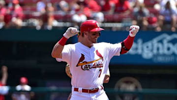 ST LOUIS, MO - JULY 17: Andrew Knizner #7 of the St. Louis Cardinals celebrates after hitting a double for his first Major League hit during the second inning against the Pittsburgh Pirates at Busch Stadium on July 17, 2019 in St Louis, Missouri. (Photo by Jeff Curry/Getty Images)