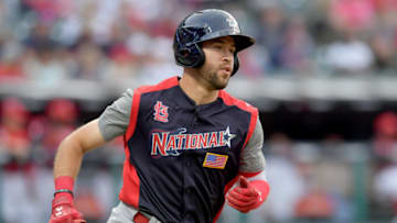 CLEVELAND, OHIO - JULY 07: Dylan Carlson #8 of the Nationals League team runs out an RBI single during the forth inning against the American league team during the All-Stars Futures Game at Progressive Field on July 07, 2019 in Cleveland, Ohio. The American and National League teams tied 2-2. (Photo by Jason Miller/Getty Images)