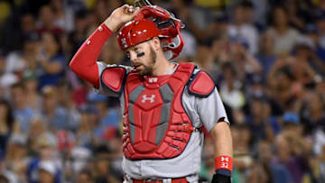 LOS ANGELES, CALIFORNIA - AUGUST 05: Matt Wieters #32 of the St. Louis Cardinals reacts to a Justin Turner #10 of the Los Angeles Dodgers double to score Max Muncy #13, to take a 6-0 dodger lead, during the fourth inning at Dodger Stadium on August 05, 2019 in Los Angeles, California. (Photo by Harry How/Getty Images)