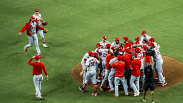 ATLANTA, GA - OCTOBER 9: The St. Louis Cardinals celebrate winning Game Five of the National League Division Series over the Atlanta Braves 13-1 at SunTrust Park on October 9, 2019 in Atlanta, Georgia. (Photo by Carmen Mandato/Getty Images)