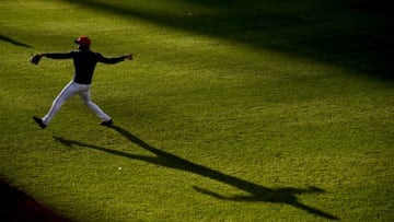 WASHINGTON, DC - OCTOBER 15: Victor Robles #16 of the Washington Nationals warms up prior to playing against the St. Louis Cardinals in Game Four of the National League Championship Series at Nationals Park on October 15, 2019 in Washington, DC. (Photo by Will Newton/Getty Images)