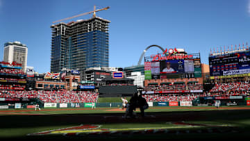 ST LOUIS, MISSOURI - OCTOBER 12: A general view of Busch Stadium as starting pitcher Adam Wainwright #50 of the St. Louis Cardinals delivers a pitch in the first inning of game two of the National League Championship Series against the Washington Nationals on October 12, 2019 in St Louis, Missouri. (Photo by Jamie Squire/Getty Images)