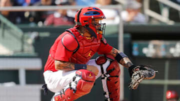 JUPITER, FLORIDA - FEBRUARY 22: Yadier Molina #4 of the St. Louis Cardinals in action against the New York Mets of a Grapefruit League spring training game at Roger Dean Stadium on February 22, 2020 in Jupiter, Florida. (Photo by Michael Reaves/Getty Images)