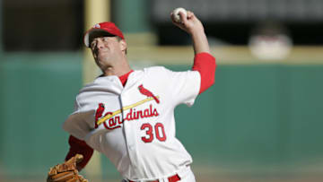 Mark Mulder of the St. Louis Cardinals throws a pitch in the 2nd inning against the San Diego Padres during Game 2 of the NLDS at Busch Stadium in St. Louis, Missouri on October 6, 2005. The Cardinals won 6-2 to take a 2-0 series lead. (Photo by G. N. Lowrance/Getty Images)