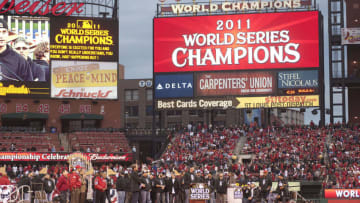 ST. LOUIS, MO - OCTOBER 30: Third baseman David Freese of the St. Louis Cardinals takes the podium during the World Series victory parade inside Busch Stadium on October 30, 2011 in St Louis, Missouri. (Photo by Ed Szczepanski/Getty Images)