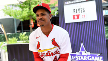 DENVER, CO - JULY 12: Alex Reyes #29 of the St. Louis Cardinals talks to reporters during the Gatorade All-Star Workout Day outside of Coors Field on July 12, 2021 in Denver, Colorado. (Photo by Dustin Bradford/Getty Images)