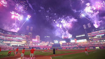 ST. LOUIS, MO - JULY 4: Fireworks, to celebrate Independence Day, are shot off after a game between the St. Louis Cardinals and the Miami Marlins at Busch Stadium on July 4, 2014 in St. Louis, Missouri. The Cardinals beat the Marlins 3-2. (Photo by Dilip Vishwanat/Getty Images)