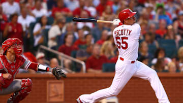 ST. LOUIS, MO - JUNE 9: Stephen Piscotty #55 of the St. Louis Cardinals hits a sacrifice RBI against the Philadelphia Phillies in the third inning at Busch Stadium on June 9, 2017 in St. Louis, Missouri. (Photo by Dilip Vishwanat/Getty Images)