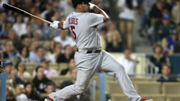 LOS ANGELES, CA - AUGUST 18: Luis Pujols #5 of the St. Louis Cardinals bats against the Los Angeles Dodgers on August 18, 2009 at Dodger Stadium in Los Angeles, California. The Dodgers won 7-3. (Photo by Stephen Dunn/Getty Images)