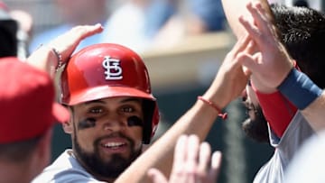 MINNEAPOLIS, MN - MAY 16: Francisco Pena #46 of the St. Louis Cardinals celebrates scoring a run against the Minnesota Twins during the second inning of the interleague game on May 16, 2018 at Target Field in Minneapolis, Minnesota. The Cardinals defeated the Twins 7-5. (Photo by Hannah Foslien/Getty Images)
