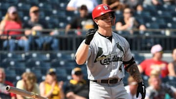 PITTSBURGH, PA - MAY 27: Tyler O'Neill #41 of the St. Louis Cardinals flips his bat after striking out in the ninth inning during the game against the Pittsburgh Pirates at PNC Park on May 27, 2018 in Pittsburgh, Pennsylvania. (Photo by Justin Berl/Getty Images)