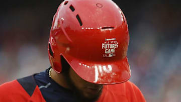 WASHINGTON, DC - JULY 15: A detailed view of a batting helmet as the World Team plays the U.S. Team during the SiriusXM All-Star Futures Game at Nationals Park on July 15, 2018 in Washington, DC. (Photo by Rob Carr/Getty Images)