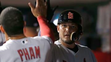 CINCINNATI, OH - SEPTEMBER 19: Yadier Molina #4 of the St. Louis Cardinals is congratulated by Tommy Pham #28 of the St. Louis Cardinals after hitting a three run home run during the fourth inning of the game against the Cincinnati Reds at Great American Ball Park on September 19, 2017 in Cincinnati, Ohio. (Photo by Kirk Irwin/Getty Images)