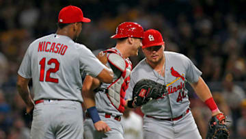 PITTSBURGH, PA - SEPTEMBER 22: Carson Kelly #30 of the St. Louis Cardinals celebrates with Juan Nicasio #12 and Luke Voit #40 after defeating the Pittsburgh Pirates at PNC Park on September 22, 2017 in Pittsburgh, Pennsylvania. (Photo by Justin K. Aller/Getty Images)