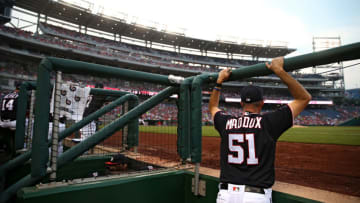 WASHINGTON, DC - MAY 27: Mike Maddux #51 of the Washington Nationals looks on as the Washington Nationals play the St. Louis Cardinals at Nationals Park on May 27, 2016 in Washington, DC. (Photo by Patrick Smith/Getty Images)