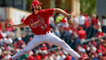 JUPITER, FL - MARCH 11: John Gant #53 of the St. Louis Cardinals delivers a pitch in the first inning of a spring training baseball game against the Atlanta Braves at Roger Dean Stadium on March 11, 2017 in Jupiter, Florida. (Photo by Rich Schultz/Getty Images)