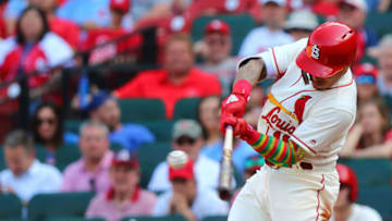 ST. LOUIS, MO - MAY 5: Kolten Wong #16 of the St. Louis Cardinals hits a two-run walk-off home run against the Chicago Cubs in the tenth inning at Busch Stadium on May 5, 2018 in St. Louis, Missouri. (Photo by Dilip Vishwanat/Getty Images)