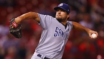 ST. LOUIS, MO - AUGUST 24: Brad Hand #52 of the San Diego Padres delivers a pitch against the St. Louis Cardinals in the ninth inning at Busch Stadium on August 24, 2017 in St. Louis, Missouri. (Photo by Dilip Vishwanat/Getty Images)