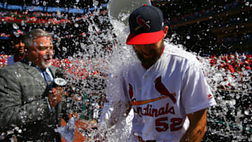 ST. LOUIS, MO - JUNE 3: Michael Wacha #52 of the St. Louis Cardinals is doused with ice after taking a no-hitter into the ninth inning against the Pittsburgh Pirates at Busch Stadium on June 3, 2018 in St. Louis, Missouri. (Photo by Dilip Vishwanat/Getty Images)