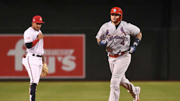 PHOENIX, AZ - JULY 04: Yadier Molina #4 of the St. Louis Cardinals hits a three run home run in the seventh inning of the MLB game against the Arizona Diamondbacks at Chase Field on July 4, 2018 in Phoenix, Arizona. (Photo by Jennifer Stewart/Getty Images)