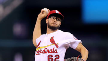 ST. LOUIS, MO - AUG 1: Daniel Poncedeleon #62 of the St. Louis Cardinals pitches during the third inning against the Colorado Rockies at Busch Stadium on August 1, 2018 in St. Louis, Missouri. (Photo by Scott Kane/Getty Images)