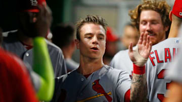 PITTSBURGH, PA - AUGUST 03: Tyler O'Neill #41 of the St. Louis Cardinals celebrates after scoring on a RBI single in the fifth inning against the Pittsburgh Pirates at PNC Park on August 3, 2018 in Pittsburgh, Pennsylvania. (Photo by Justin K. Aller/Getty Images)