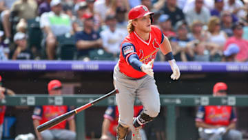 DENVER, CO - AUGUST 26: Harrison Bader #48 of the St. Louis Cardinals hits an RBI sacrifice fly ball in the sixth inning of a game against the Colorado Rockies at Coors Field on August 26, 2018 in Denver, Colorado. Players are wearing special jerseys with their nicknames on them during Players' Weekend. (Photo by Dustin Bradford/Getty Images)