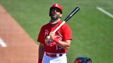 Matt Carpenter #13 of the St. Louis Cardinals reacts after being called out on strikes during the fifth inning of the Spring Training game against the Houston Astros at Roger Dean Chevrolet Stadium on March 7, 2021 in Jupiter, Florida. (Photo by Eric Espada/Getty Images)