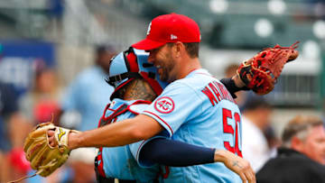 Adam Wainwright #50 of the St. Louis Cardinals celebrates at the conclusion of game one of a doubleheader against the Atlanta Braves at Truist Park on June 20, 2021 in Atlanta, Georgia. (Photo by Todd Kirkland/Getty Images)