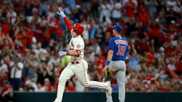 Harrison Bader #48 of the St. Louis Cardinals celebrates as he runs the bases after hitting a solo home run during the first inning against the Chicago Cubs at Busch Stadium on October 2, 2021 in St. Louis, Missouri. (Photo by Scott Kane/Getty Images)