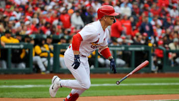 Tyler O'Neill #27 of the St. Louis Cardinals runs to first after hitting a RBI single during the first inning against the Pittsburgh Pirates on Opening Day at Busch Stadium on April 7, 2022 in St. Louis, Missouri. (Photo by Scott Kane/Getty Images)