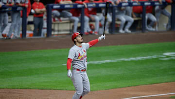 Nolan Arenado #28 of the St. Louis Cardinals up to bat against the Milwaukee Brewers at American Family Field on September 22, 2021 in Milwaukee, Wisconsin. Cardinals defeated the Brewers 10-2. (Photo by John Fisher/Getty Images)