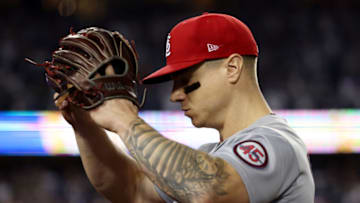 Tyler O'Neill #27 of the St. Louis Cardinals reacts as he walks to the dugout after their 3 to 1 loss to the Los Angeles Dodgers during the National League Wild Card Game at Dodger Stadium on October 06, 2021 in Los Angeles, California. (Photo by Harry How/Getty Images)