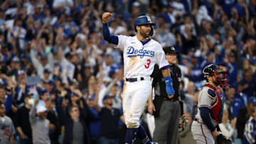Chris Taylor #3 of the Los Angeles Dodgers score on a double by Mookie Betts #50 during the 8th inning of Game 3 of the National League Championship Series against the Atlanta Braves at Dodger Stadium on October 19, 2021 in Los Angeles, California. (Photo by Harry How/Getty Images)