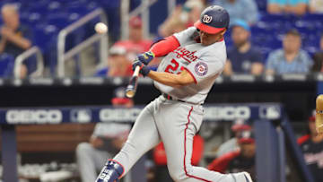 MIAMI, FLORIDA - MAY 16: Juan Soto #22 of the Washington Nationals at bat against the Miami Marlins at loanDepot park on May 16, 2022 in Miami, Florida. (Photo by Michael Reaves/Getty Images)