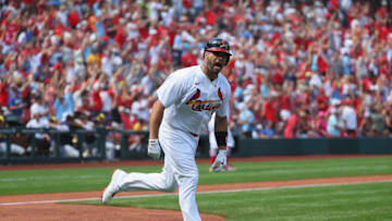 Albert Pujols #5 of the St. Louis Cardinals celebrates after hitting his second home run of the game against the Milwaukee Brewers at Busch Stadium on August 14, 2022 in St Louis, Missouri. (Photo by Dilip Vishwanat/Getty Images)