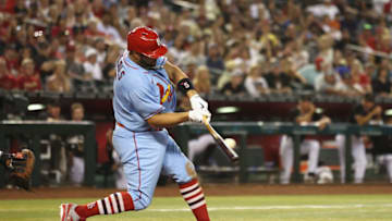 PHOENIX, ARIZONA - AUGUST 20: Albert Pujols #5 of the St. Louis Cardinals hits a single against the Arizona Diamondbacks during the MLB game at Chase Field on August 20, 2022 in Phoenix, Arizona. The Cardinals defeated the Diamondbacks 16-7. (Photo by Christian Petersen/Getty Images)