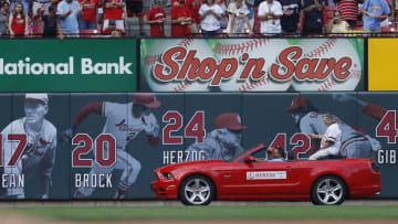 ST. LOUIS, MO - AUGUST 4: St. Louis Cardinals hall of fame manager Whitey Herzog waves to fans during a pre-game ceremony celebrating the 30 year anniversary of the 1982 World Series before a baseball game against the Milwaukee Brewers at Busch Stadium on August 4, 2012 in St. Louis, Missouri. (Photo by Paul Nordmann/Getty Images)