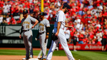 ST. LOUIS, MO - JUNE 3: Michael Wacha #52 of the St. Louis Cardinals leaves the game against the Pittsburgh Pirates after allowing his first hit of the game in the ninth inning at Busch Stadium on June 3, 2018 in St. Louis, Missouri. (Photo by Dilip Vishwanat/Getty Images)
