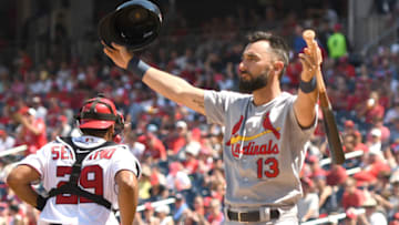 WASHINGTON, DC - SEPTEMBER 03: Matt Carpenter #13 of the St. Louis Cardinals reacts to a called strike three in the second inning during a baseball game against the Washington Nationals at Nationals Park on September 3, 2018 in Washington, DC. (Photo by Mitchell Layton/Getty Images)