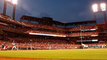 ST. LOUIS, MO - AUGUST 27: A general view of Busch Stadium as Zach Duke #29 of the St. Louis Cardinals pitches to Ryon Healy #48 of the Oakland Athletics during the fifth inning of a baseball game at Busch Stadium on August 27, 2016 in St. Louis, Missouri. (Photo by Scott Kane/Getty Images)